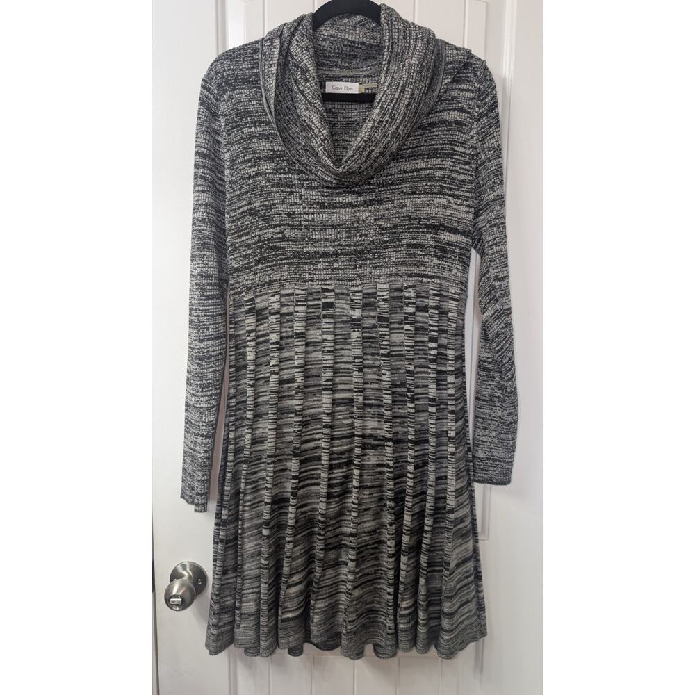 Calvin Klein Black Gray Knit Geometric Cowl Neck A-Line Dress Pleated XL